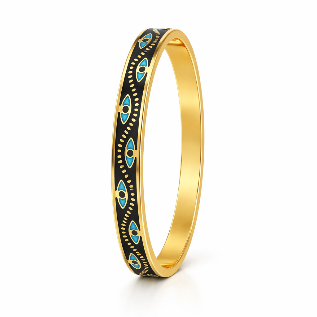Mystique Jewelries Black Vintage 18k gold plated Evil Eye Stainless Steel and Blue Enamel Stackable Fashion Bangle