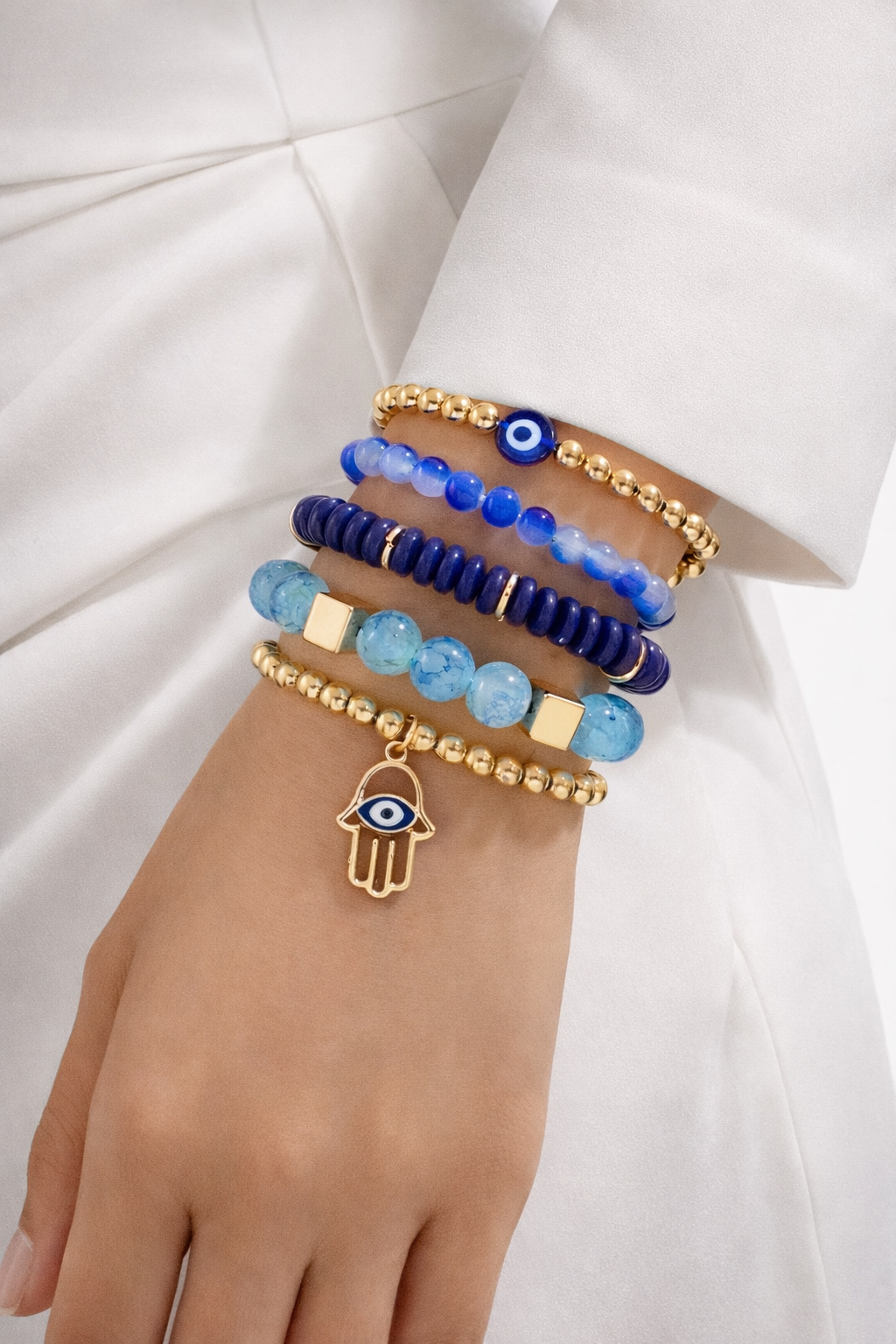 Mystique Jewelries 5PCS Hamsa Hand Evil Eye Beaded Bracelet Set – Blue Glass Beads Stretch Stackable Protection Bracelets for Women