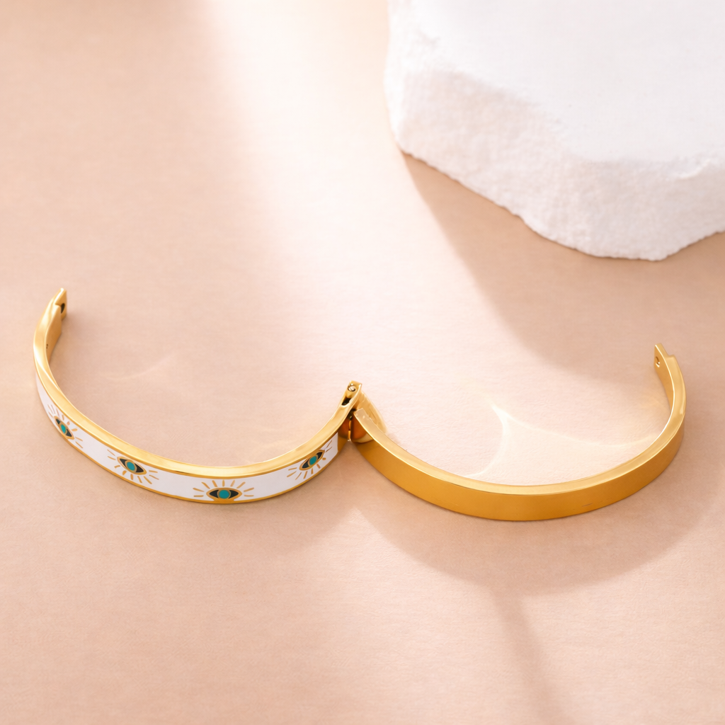 Mystique Jewelries White Vintage Evil Eye Enamel Gold Bangle Bracelet