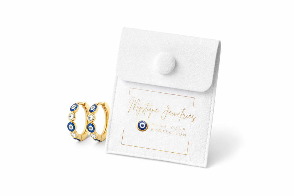 Mystique Jewelries 18K Gold Plated Evil Eye Hoop Earrings – 15mm Minimalist Huggie Hoops with Rhinestones | Hypoallergenic Everyday Jewelry