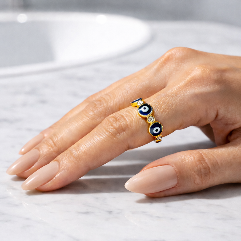 Mystique Jewelries 18K Gold Plated Evil Eye Ring – Minimalist Adjustable Stainless Steel Enamel Protection Ring for Women