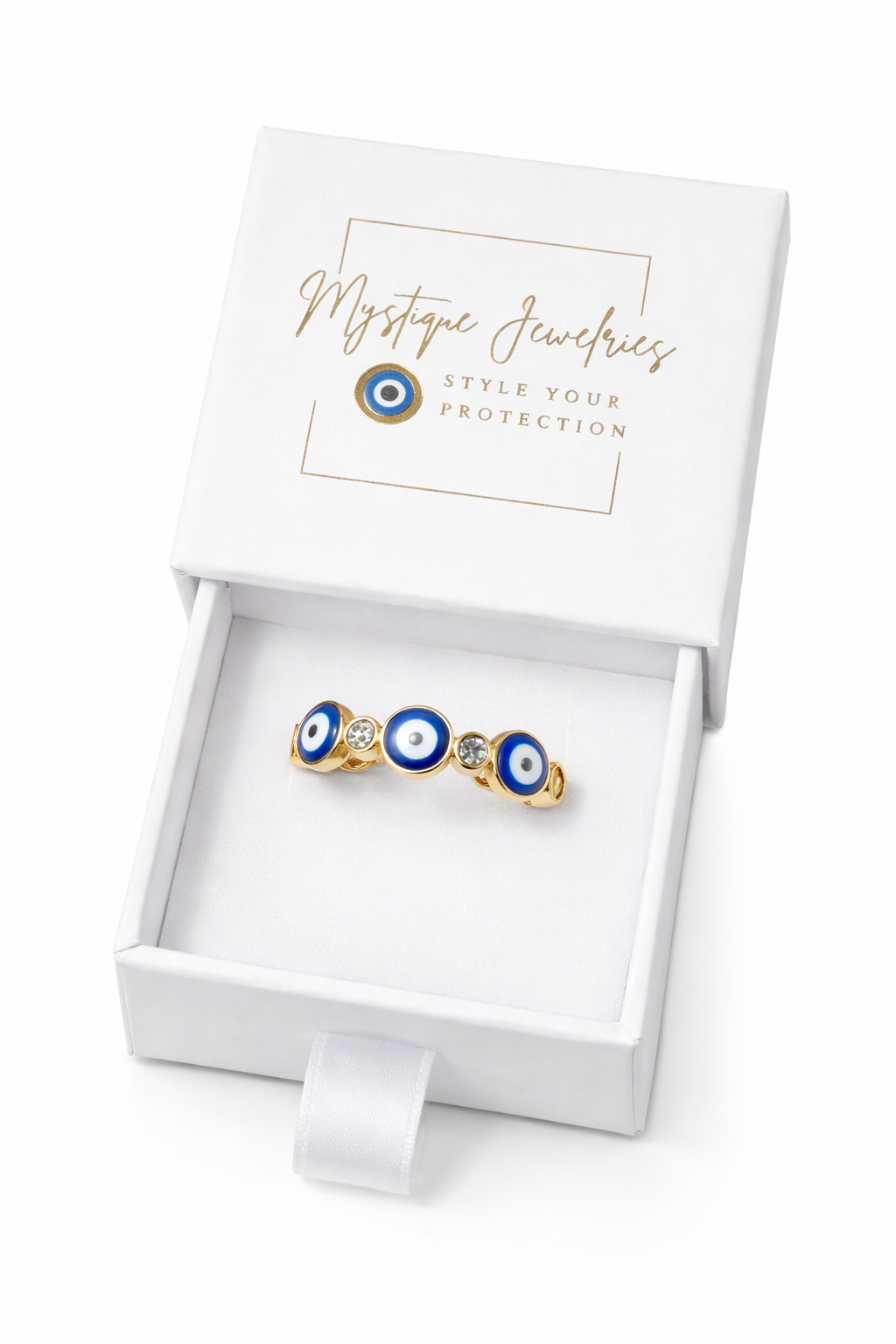 Mystique Jewelries 18K Gold Plated Evil Eye Ring – Minimalist Adjustable Stainless Steel Enamel Protection Ring for Women