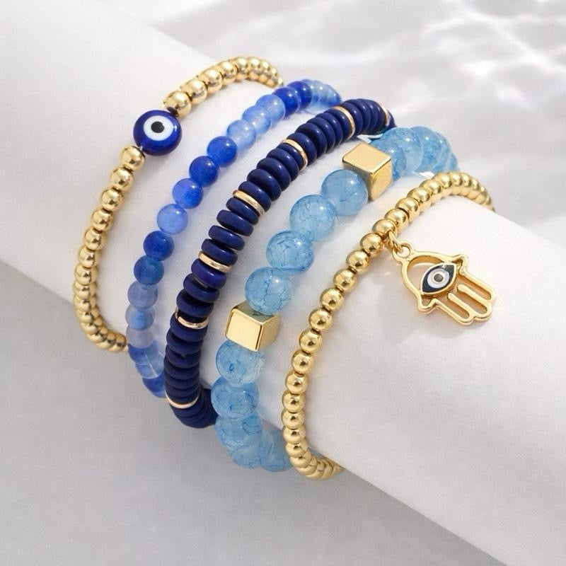 Mystique Jewelries 5PCS Hamsa Hand Evil Eye Beaded Bracelet Set – Blue Glass Beads Stretch Stackable Protection Bracelets for Women