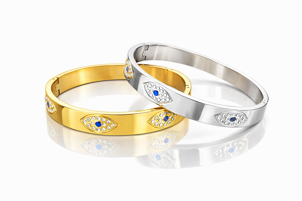 Mystique Jewelries Divine Evil Eye Rhinestone Bangle – Stainless Steel Protection Bracelet