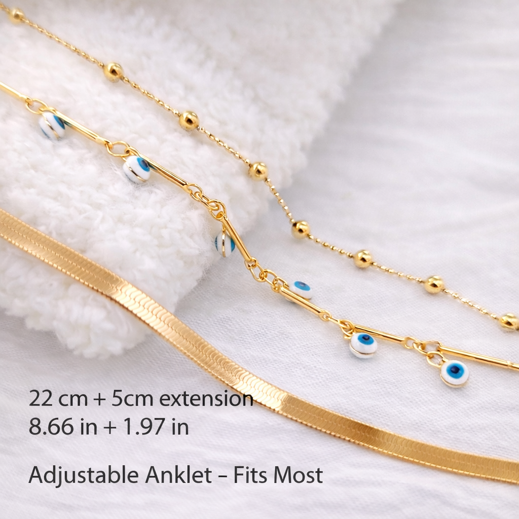Mystique Jewelries Gold Evil Eye Anklet Set – 3 Piece Layered Adjustable Anklets with Blue Charm | Protection Jewelry for Women