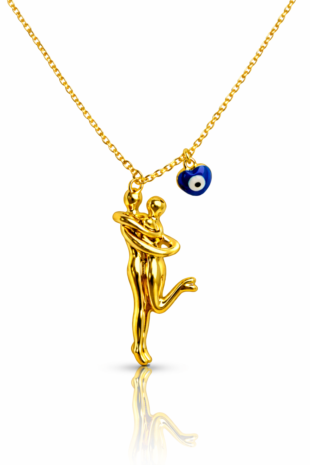 Mystique Jewelries Couple Hug Evil Eye Charm Necklace – 18K Gold Plated Stainless Steel Love & Protection Pendant