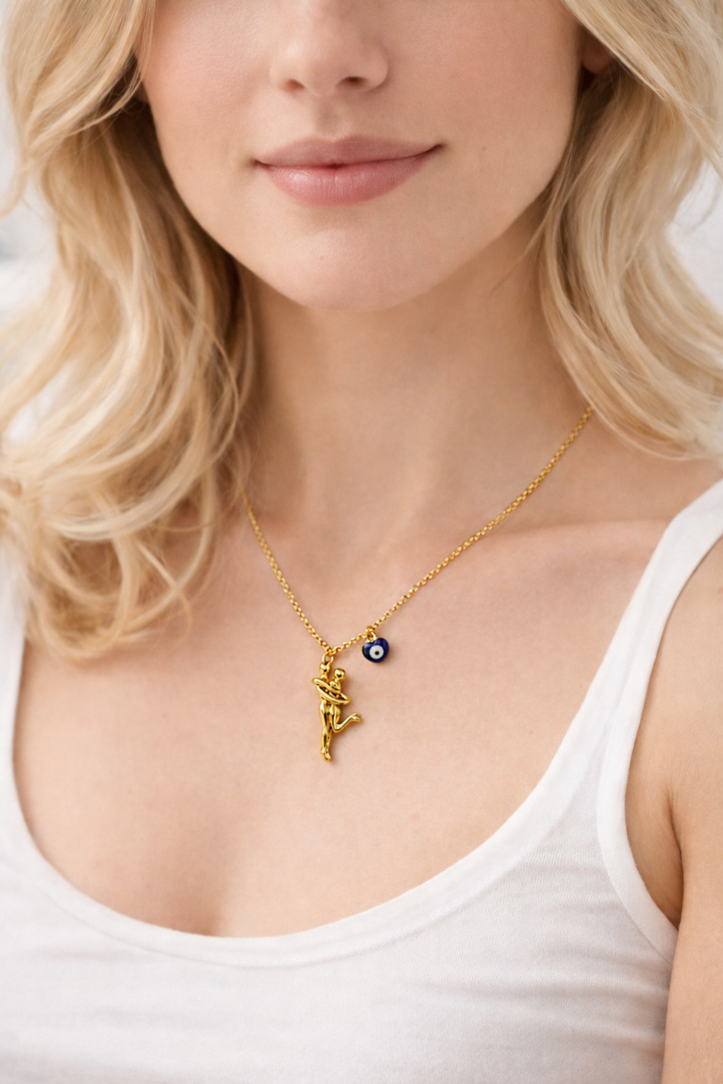 Mystique Jewelries Couple Hug Evil Eye Charm Necklace – 18K Gold Plated Stainless Steel Love & Protection Pendant
