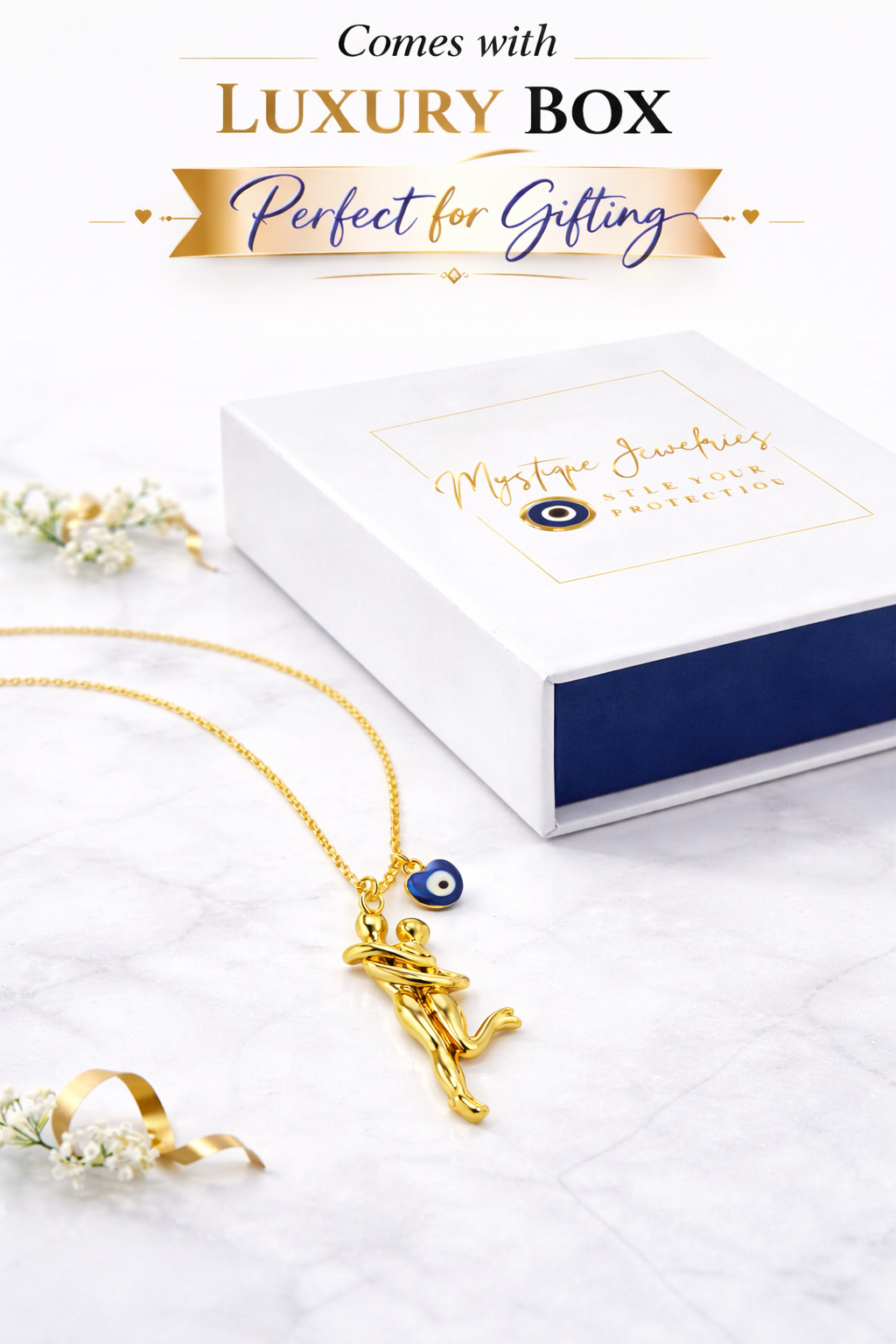 Mystique Jewelries Couple Hug Evil Eye Charm Necklace – 18K Gold Plated Stainless Steel Love & Protection Pendant