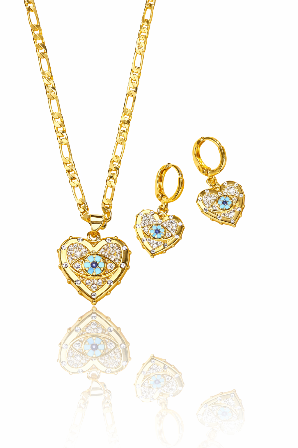 Mystique Jewelries Evil Eye Jewelry Set Gold Heart Pendant Necklace & Drop Earrings.