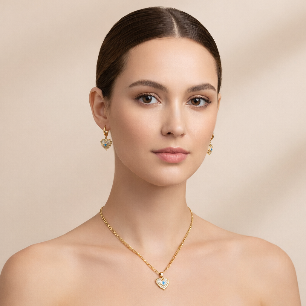 Mystique Jewelries Evil Eye Jewelry Set Gold Heart Pendant Necklace & Drop Earrings.