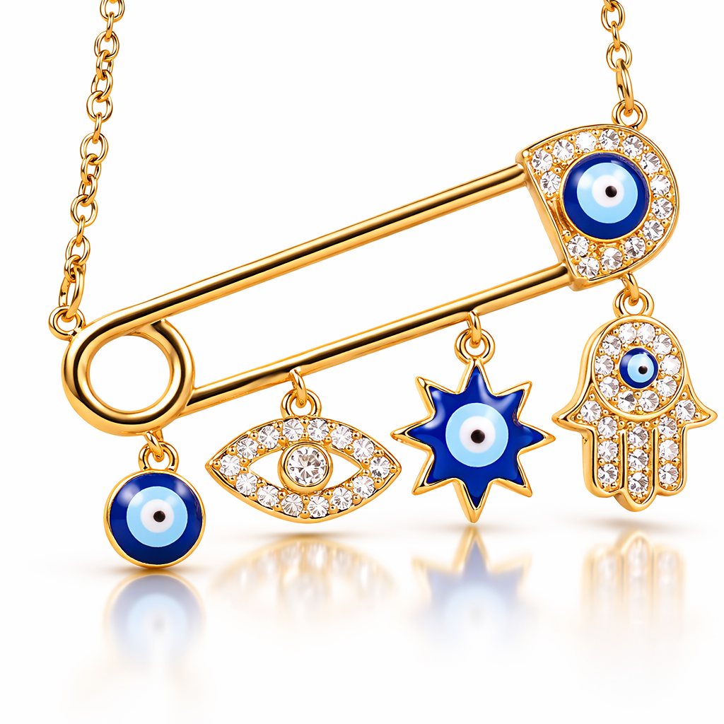Mystique Jewelries Evil Eye Safety Pin Necklace – Gold Plated Rhinestone Hamsa Charm Pendant | Protection Jewelry for Women & Unisex