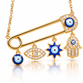 Mystique Jewelries Evil Eye Safety Pin Necklace – Gold Plated Rhinestone Hamsa Charm Pendant | Protection Jewelry for Women & Unisex