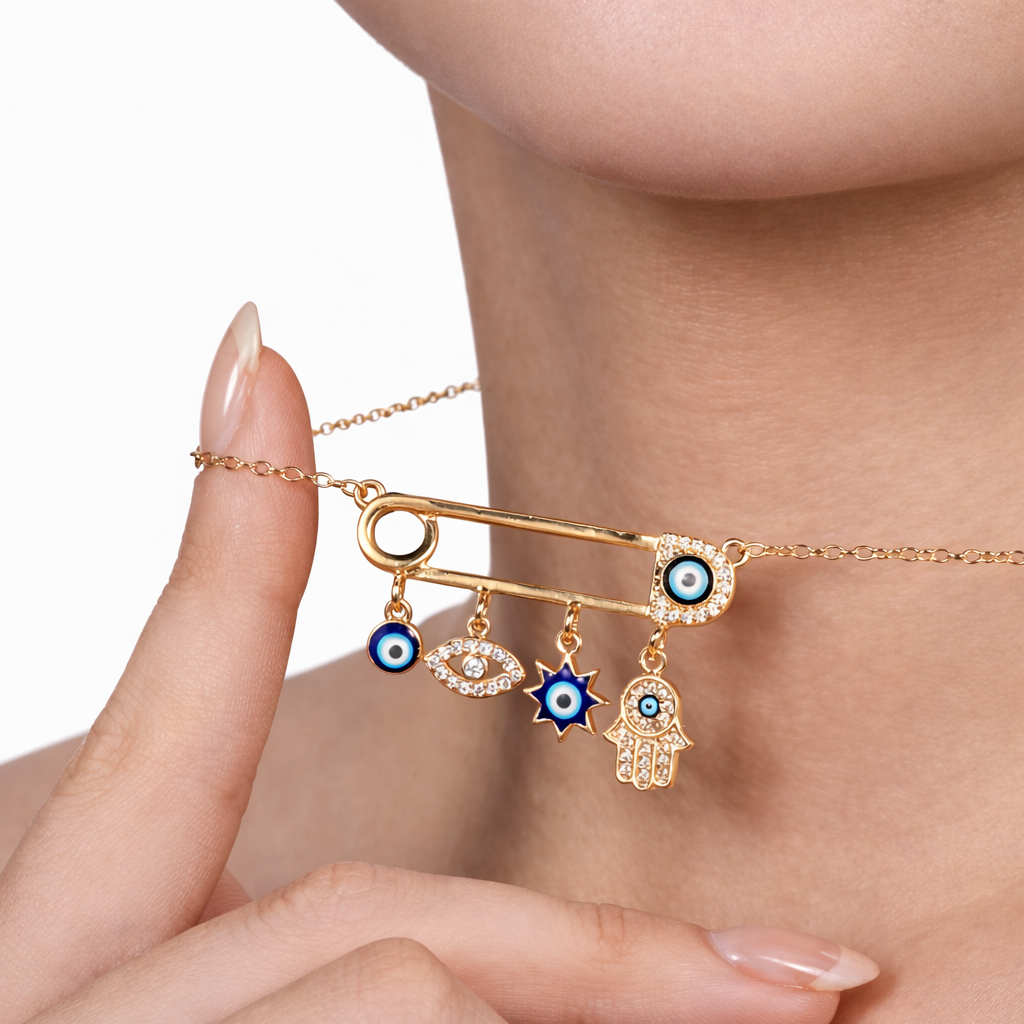 Mystique Jewelries Evil Eye Safety Pin Necklace – Gold Plated Rhinestone Hamsa Charm Pendant | Protection Jewelry for Women & Unisex