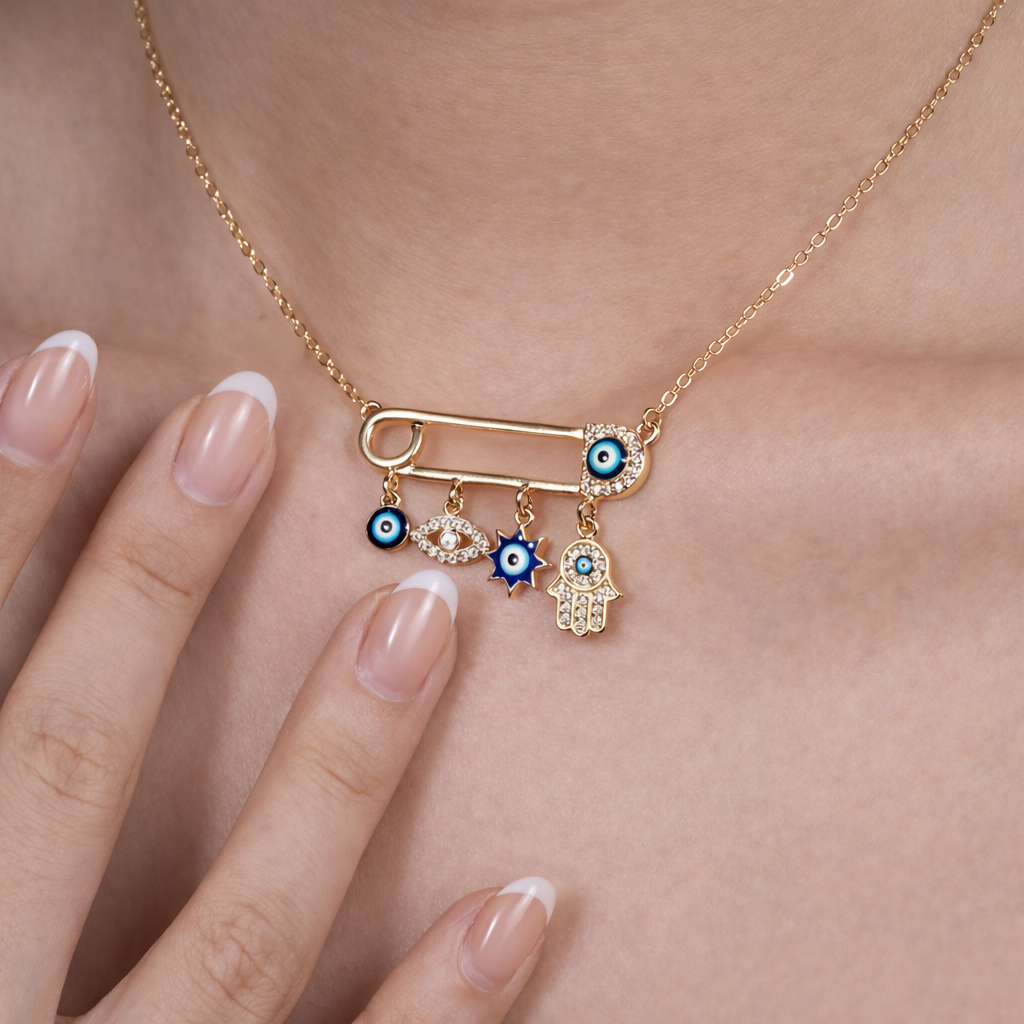 Mystique Jewelries Evil Eye Safety Pin Necklace – Gold Plated Rhinestone Hamsa Charm Pendant | Protection Jewelry for Women & Unisex
