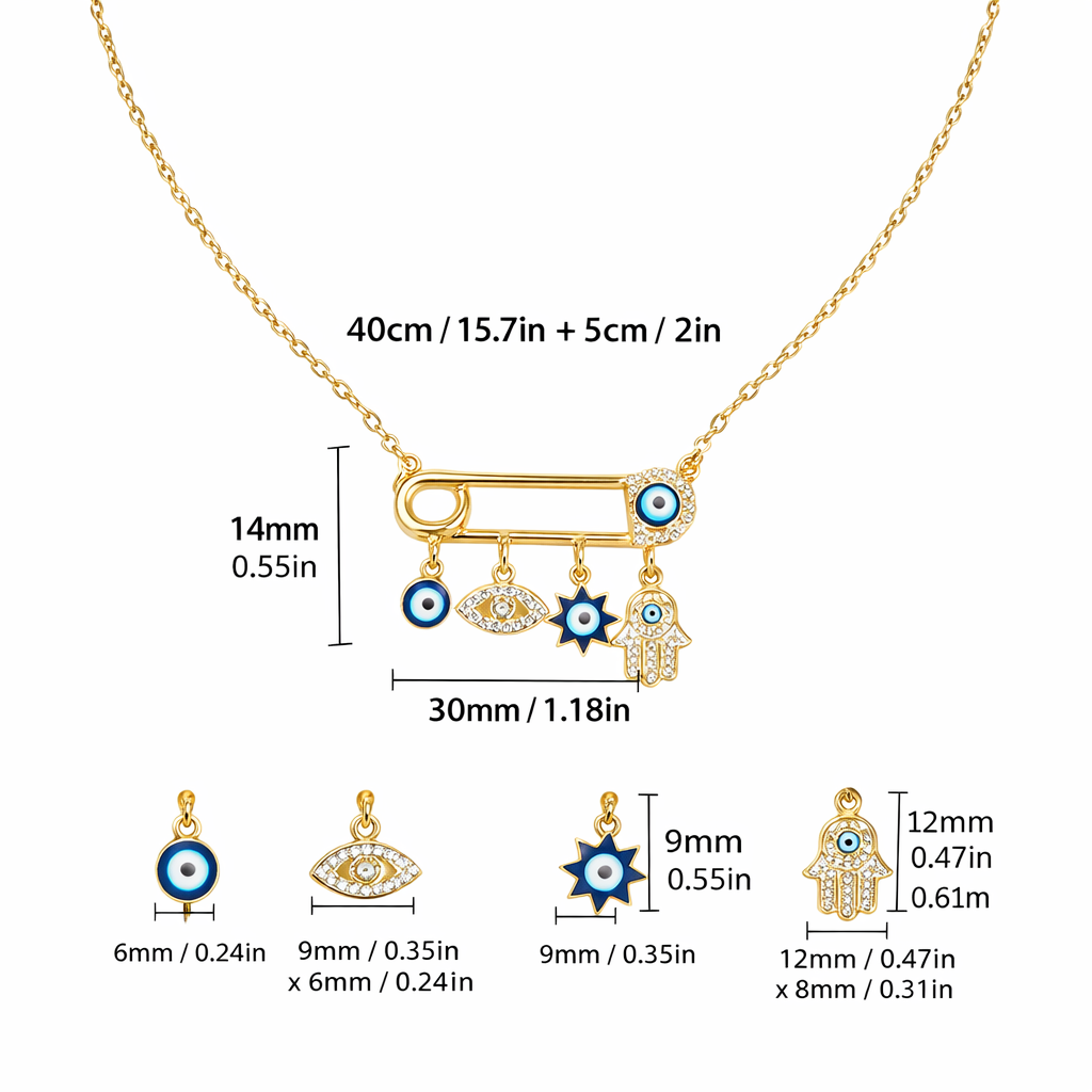 Mystique Jewelries Evil Eye Safety Pin Necklace – Gold Plated Rhinestone Hamsa Charm Pendant | Protection Jewelry for Women & Unisex