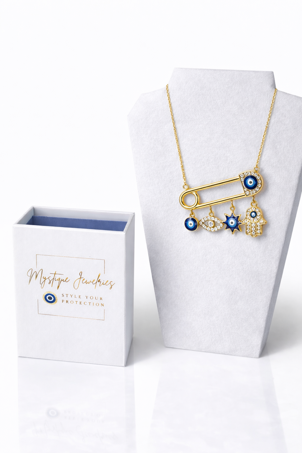 Mystique Jewelries Evil Eye Safety Pin Necklace – Gold Plated Rhinestone Hamsa Charm Pendant | Protection Jewelry for Women & Unisex