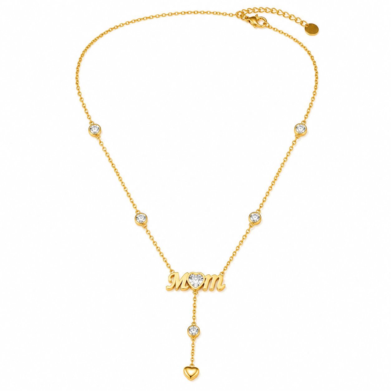 Mystique Jewelries 18K Gold-Plated Stainless Steel “Mom” Heart Pendant Necklace with Tassel and Rhinestone Detail