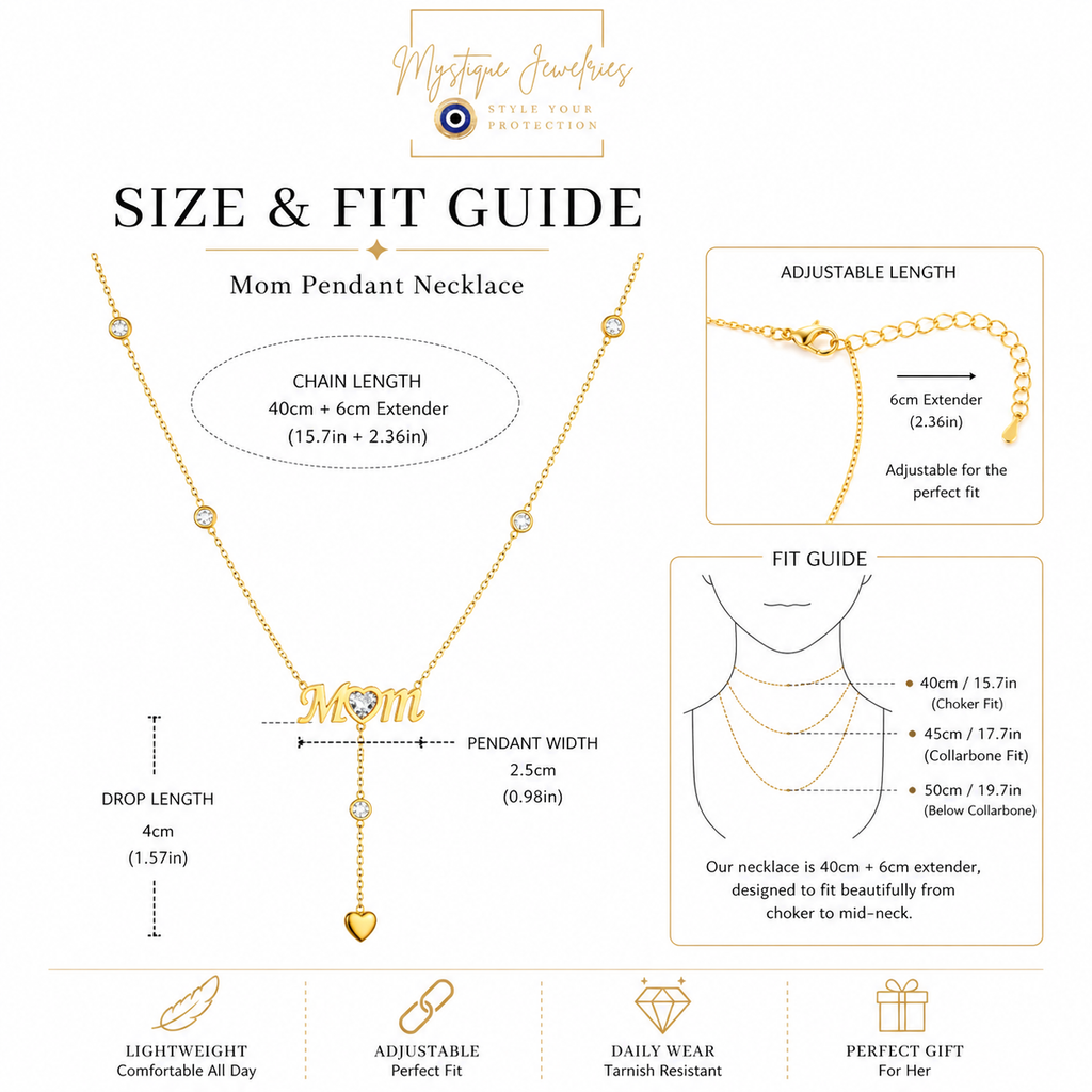 Mystique Jewelries 18K Gold-Plated Stainless Steel “Mom” Heart Pendant Necklace with Tassel and Rhinestone Detail
