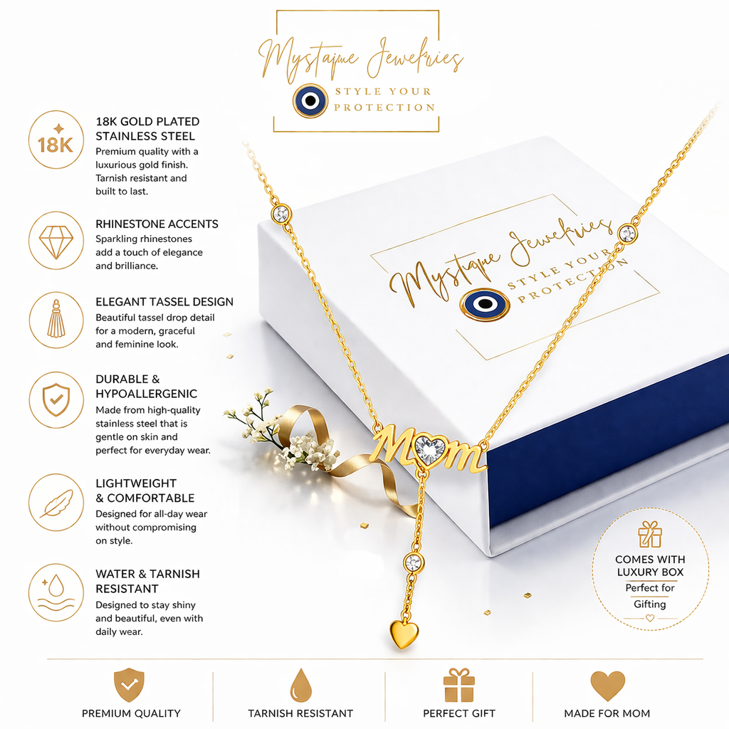 Mystique Jewelries 18K Gold-Plated Stainless Steel “Mom” Heart Pendant Necklace with Tassel and Rhinestone Detail