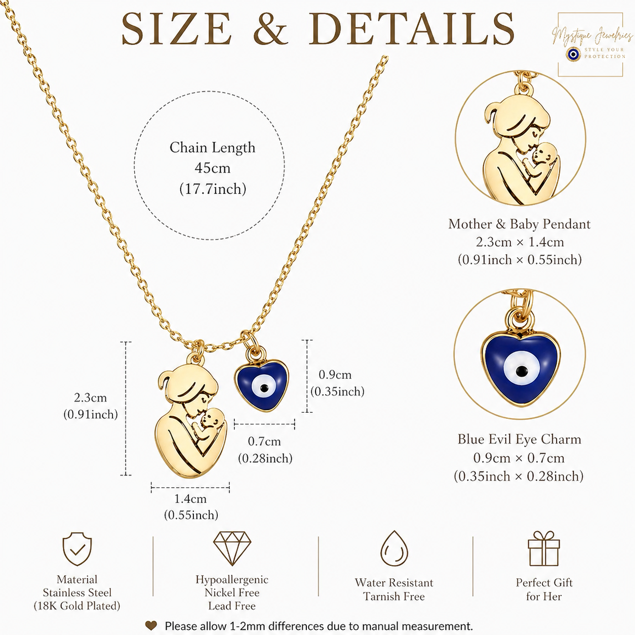 Mystique Jewelries 18K Gold Plated Stainless Steel Mom & Baby Engraved Pendant necklace with Evil Eye Charm.